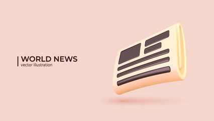 3d Concept - World News. Realistic 3d Design of Newspaper. News paper with curved sheet. World press, news, publication on pages in Trendy colors. Vector illustration in cartoon minimal style. - 557044975