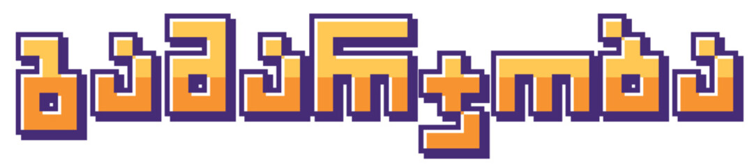 Vector web font text with pixel art in computer game retro wave style. Concept of travel, tourism, vacation. Teaching foreign language. Vintage retro text. Greetings. Translation from Georgian: Hello