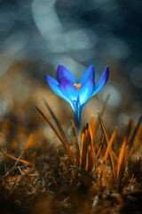 Fototapeta Bajkowe niebieskie kwiaty krokusów na rozmytym tle. Łąka z kwitnącymi krokusami. obraz