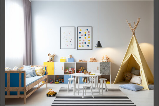 Interior of modern children's room with stylish furniture and toys, Kids play room, kids bed room, Children's hut, play tent and toys