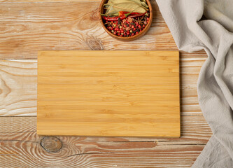 Old Wood Cutting Board Mockup, Vintage Chopping Board Background, Rustic Napkin, Empty Cut Desk Top View