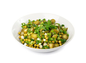 Pickled Gherkins Salad in White Bowl. Chopped Pickled Cucumbers, Canned Green Peas, Green Onions Salat