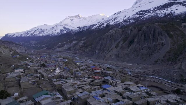 Flying over the village of Manang Nepal viewing landscape in the Himalayas.