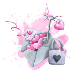 A gray paper envelope with pink hearts and ribbons, a lock and keys. Watercolor illustration. Composition from the VALENTINE'S DAY collection. For the design, decoration of postcards, posters, cards