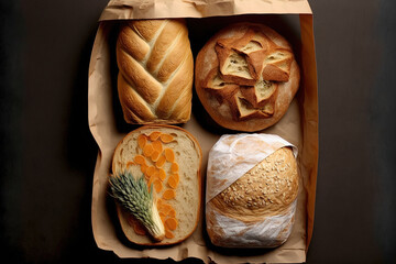 Various types of bread in a paper bag. Generative AI