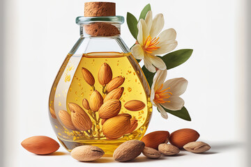 Almond oil in a glass container up close with a bunch of them and a slice, isolated on a white backdrop. Generative AI