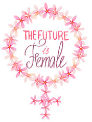 Watercolor gender symbol made by pink flowers, simple digital text on white background. For Women's day, cards etc.