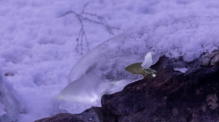 Ice formations are formed when the waves hit the rocks at the shore