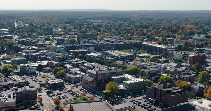Amazing early afternoon autumn fall aerial video of Saratoga Springs New York