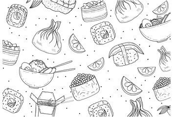 Banner with Asian cuisine food on a white background in a stroke. Vector stock illustration. Print for tablecloths and napkins. Sushi, rolls, wok noodles, buckwheat noodles, caviar, rice, lemon.