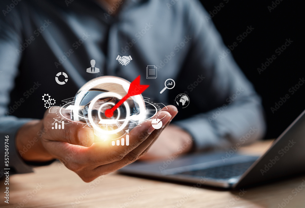 Aufkleber businessman using computer planning development leadership and customer target group with business g