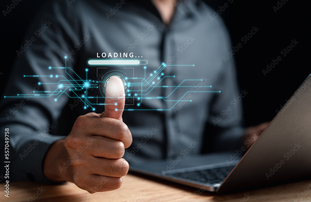 Aufkleber Futuristic digital processing of biometric identification fingerprint scanner. concept of surveillance and security scanning of digital programs cyber futuristic applications..