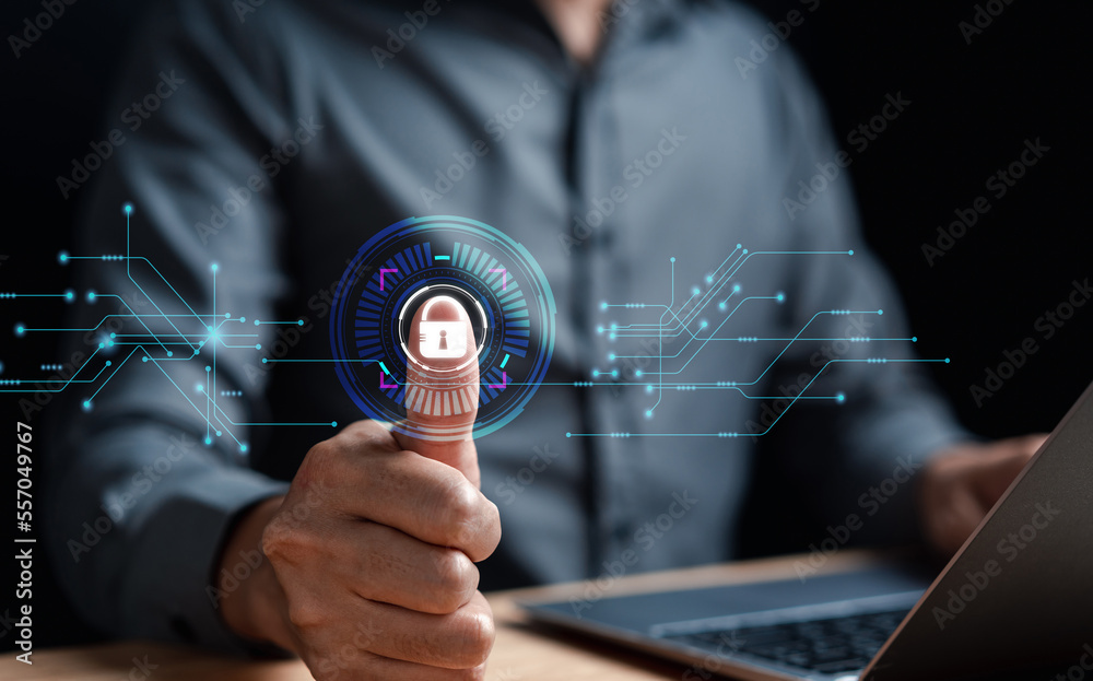 Poster Futuristic digital processing of biometric identification fingerprint scanner. concept of surveillance and security scanning of digital programs cyber futuristic applications..