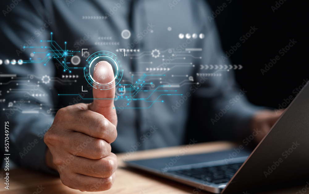 Aufkleber Futuristic digital processing of biometric identification fingerprint scanner. concept of surveillance and security scanning of digital programs cyber futuristic applications..