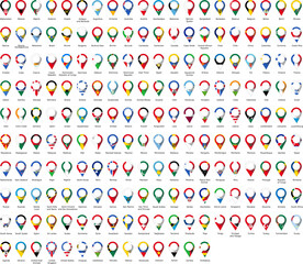 194 pins in the colours of the flags of each country in the world with the name of the country written under each pin in PNG format