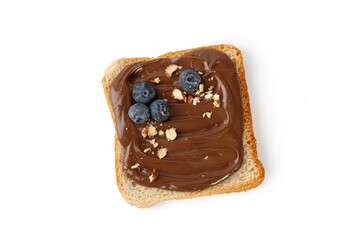 Toast, sandwich with Chocolate cream, blueberry and almond nuts. Bread with liquid chocolate sauce,...