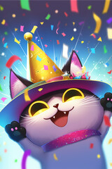 cartoon smiling cat with a party hat celebrating at festival event, party time, Portrait, new year eve, funny times, illustration digital generative ai design art style