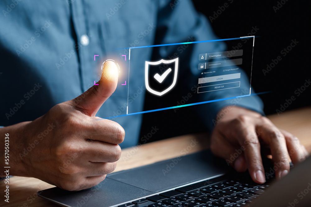 Fototapete Cybersecurity and privacy concepts to protect data. Lock icon and internet network security technology. Businessmen protecting personal data on laptops and virtual interfaces.
