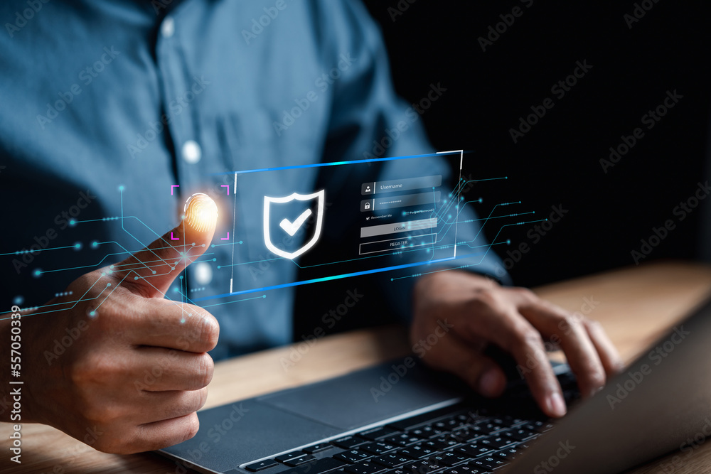 Fototapete Cybersecurity and privacy concepts to protect data. Lock icon and internet network security technology. Businessmen protecting personal data on laptops and virtual interfaces.