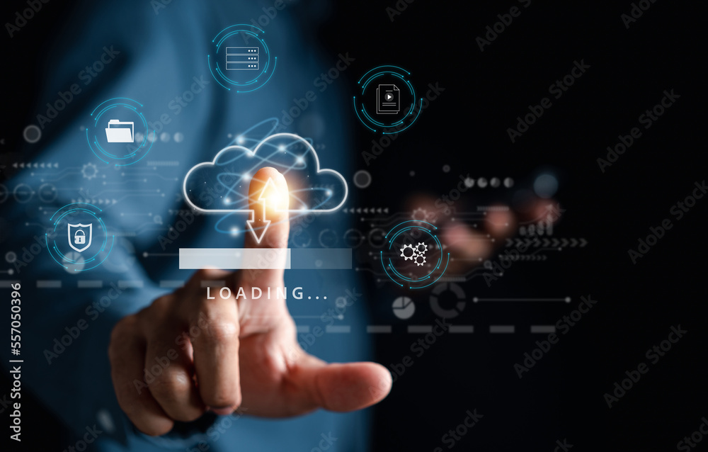 Aufkleber Cloud computing diagram digital technology, business people touching on Cloud system. Data storage. Networking and internet service. online data management system, information system for business.