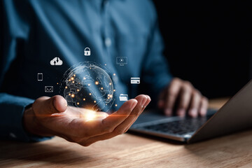 Businessman using computer planning development leadership and customer target group with Business global internet connection technology and digital marketing, Financial and banking, Digital link tech