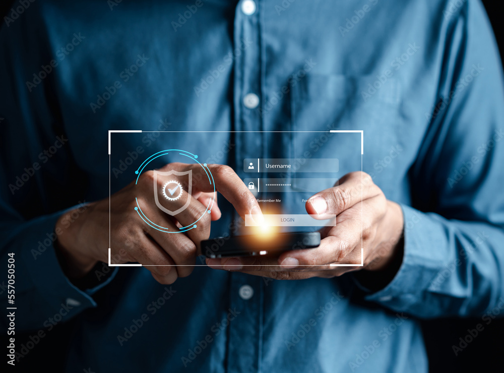 Poster Businessman using smartphone to access scanner fingerprint biometric data by input password security system, privacy data information, Futuristic technology concept.