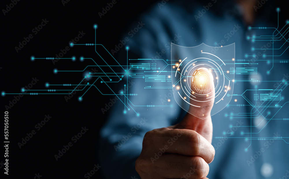 Poster Futuristic digital processing of biometric identification fingerprint scanner. concept of surveillance and security scanning of digital programs cyber futuristic applications.
