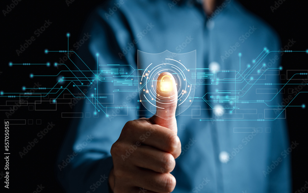 Poster Futuristic digital processing of biometric identification fingerprint scanner. concept of surveillance and security scanning of digital programs cyber futuristic applications.