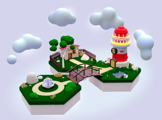3D Conceptual illustration. Islands with a lighthouse and a park.