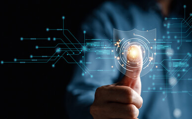 Futuristic digital processing of biometric identification fingerprint scanner. concept of surveillance and security scanning of digital programs cyber futuristic applications.