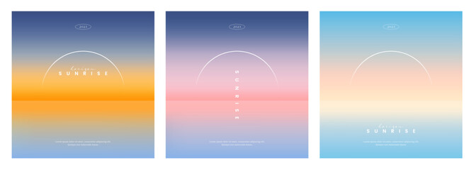 Beautiful sunrise or sunset in ocean. Gradient summer sea background set. color abstract background for app, web design, webpage, banner, greeting card. Modern style, Trendy vector illustration. - obrazy, fototapety, plakaty