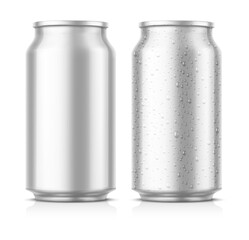 Tin beer can mockup with water drops condensation on the surface. Blank empty label. Isolated white background. Vector illustration