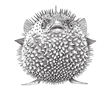 Puffer fish sketch hand drawn engraving Vector illustration.