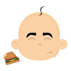 vector illustration of the face of a baby cartoon eating a hamburger