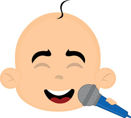 vector illustration of the face of a baby cartoon singing with a microphone in hand