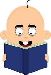 vector illustration of the face of a baby cartoon with a cheerful expression, reading a book