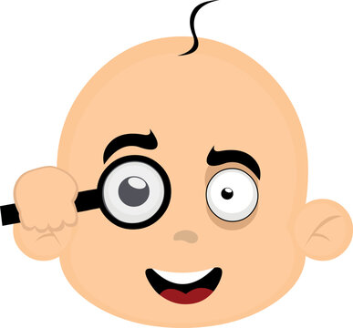 vector illustration of the face of a baby cartoon watching with a magnifying glass