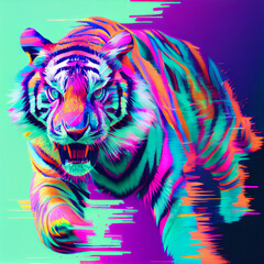 neon glitch art tiger pastel colors generative art