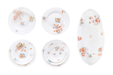 Set of antique decorated porcelain plates isolated png with transparency. New rococo, decal