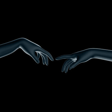 3D render illustrating two hands touching each other, composed like Michelangelo's The Creation of Adam, isolated on black background.