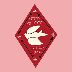 The dove of peace in a red diamond. The magical mystical symbol of the dove