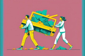 Two people moving house items, cmyk pastel colors, flat vector style illustration made with Generative AI
