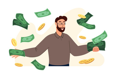 Wealth, abundance concept.Happy rich man spending, wasting money. Wealthy millionaire spender with excessive cash. Financial prosperity. Flat vector illustration isolated on white background - obrazy, fototapety, plakaty