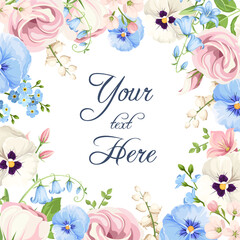 Greeting or invitation card design with pink, blue, and white pansy flowers, lisianthus flowers, and forget-me-not flowers. Vector floral background
