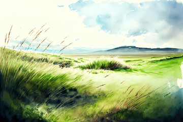 With a beautiful sky and little slopes of green grass. Pasturage, grassland, pommel, lea, alkali, lye, and meadow. Grassy grassland in a rural landscape view. Realistic watercolor. Generative AI - obrazy, fototapety, plakaty
