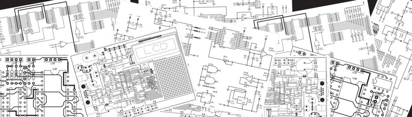 Fototapeta premium Drawings of an electronic device on white paper sheets. Vector electrical schematic diagram of an digital electronic device.