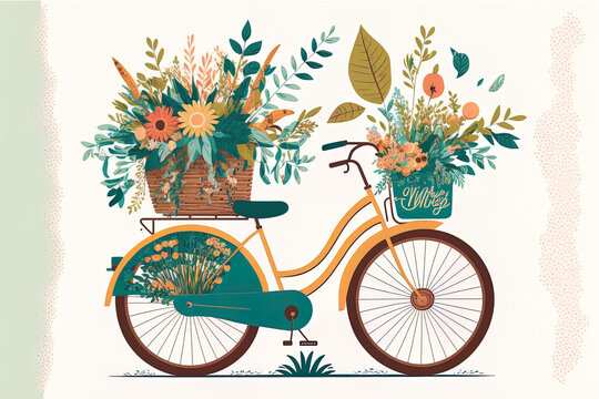 Cute bicycle or bike created by hand and isolated on a white backdrop. flat image of urban eco friendly pedal transport carrying baskets with flowers and plants. vintage car with a bunch of flo