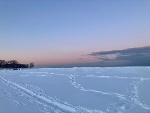 Pink Sunset Winter Wonderland Frozen Lake Michigan, North Shore, IL