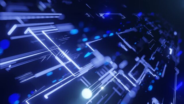 pattern like sci-fi hologram. Fly through technology cyberspace with neon glow. Sci-fi flight through hi-tech technology tunnel. Glow line. 3d looped seamless 4k bright bg. Data flow. Blocks