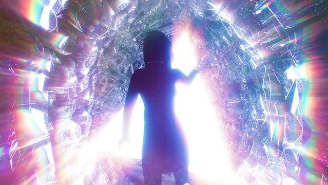 looped 3d animation of a man moving in front of a glowing portal to the astral world